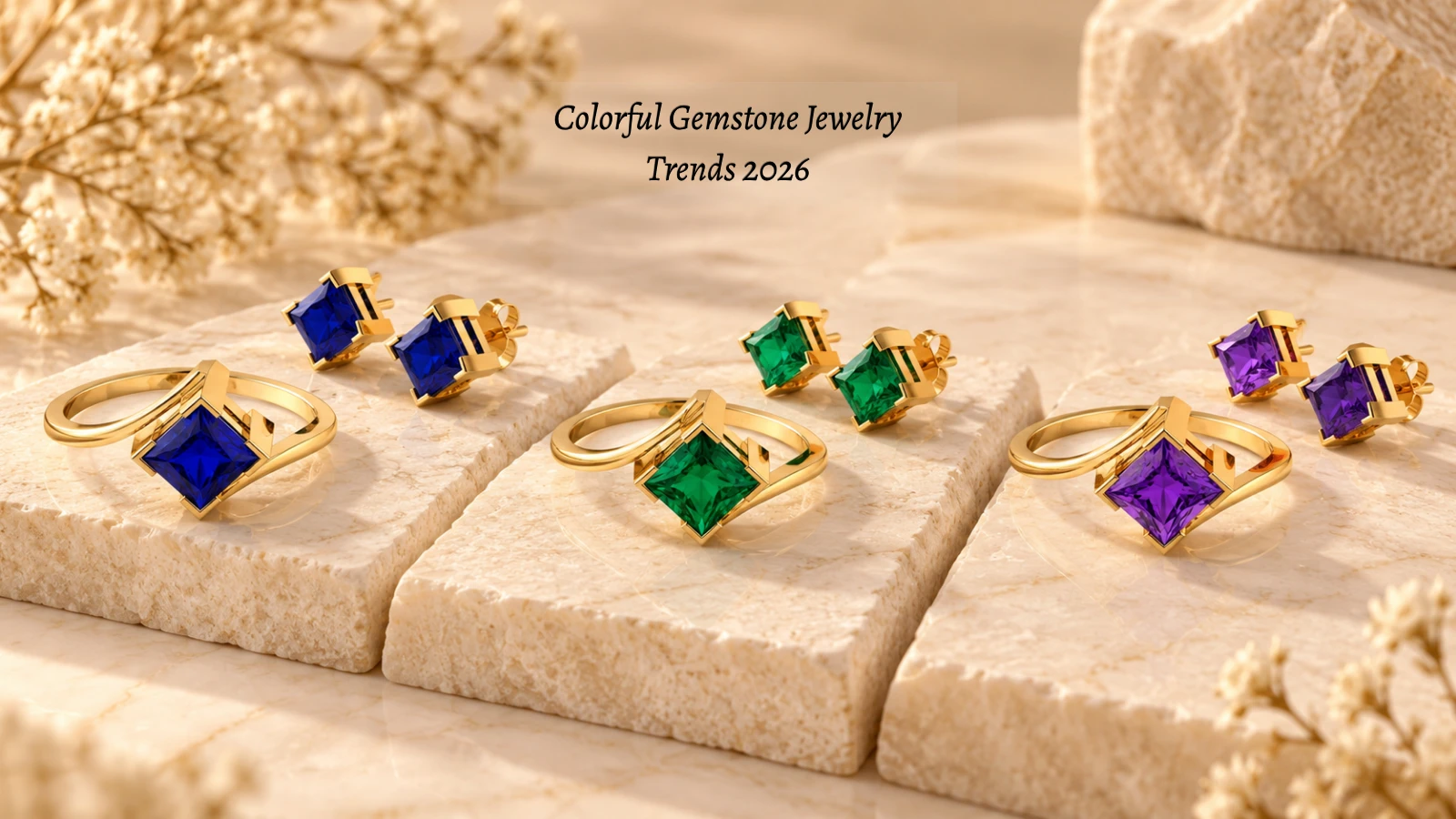 Colorful gemstone jewelry featuring blue, green and violet stones in realistic contemporary settings