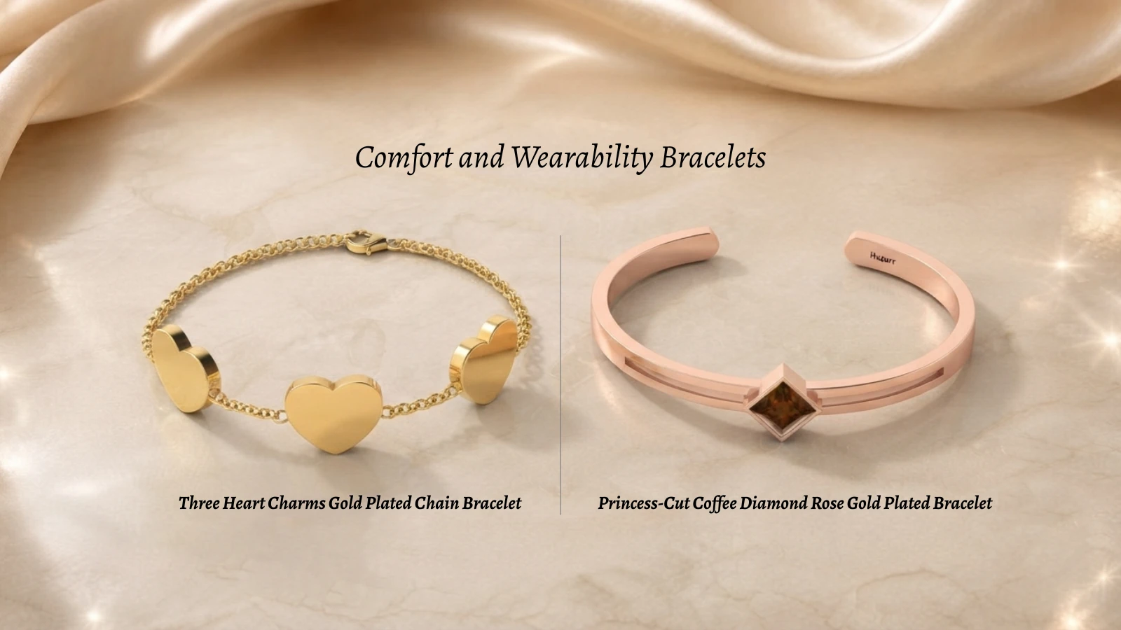 Side-by-side comparison of three gold-plated hearts charm chain bracelet next to a rose gold-plated cuff bangle featuring a square coffee diamond.
