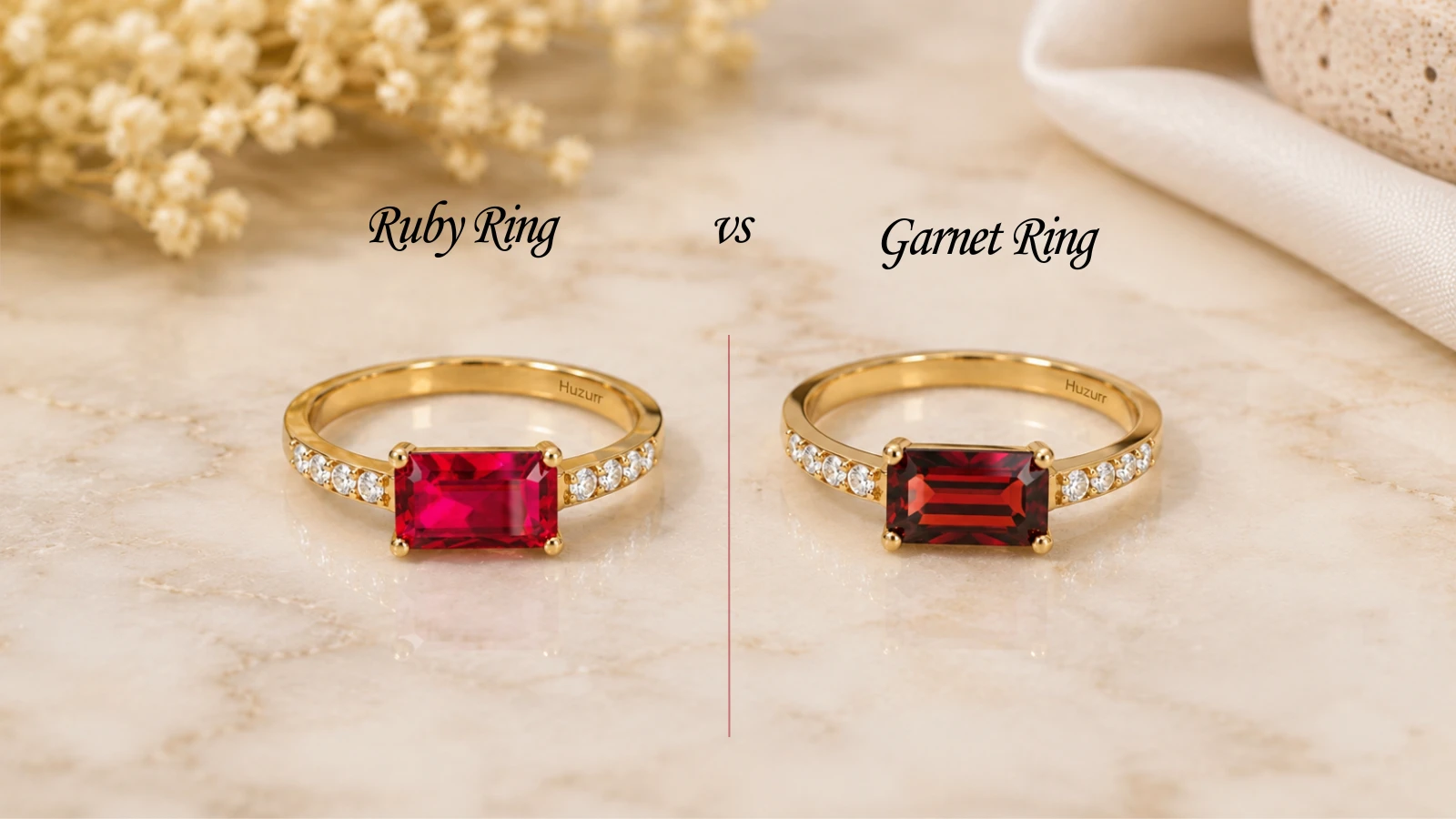 Side-by-side comparison of ruby and garnet rings with pink to red gemstones