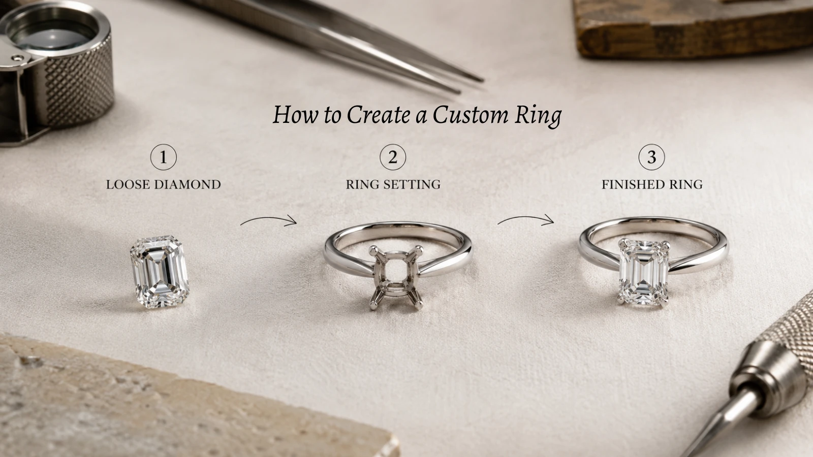 Custom engagement ring creation process from gemstone selection to finished ring