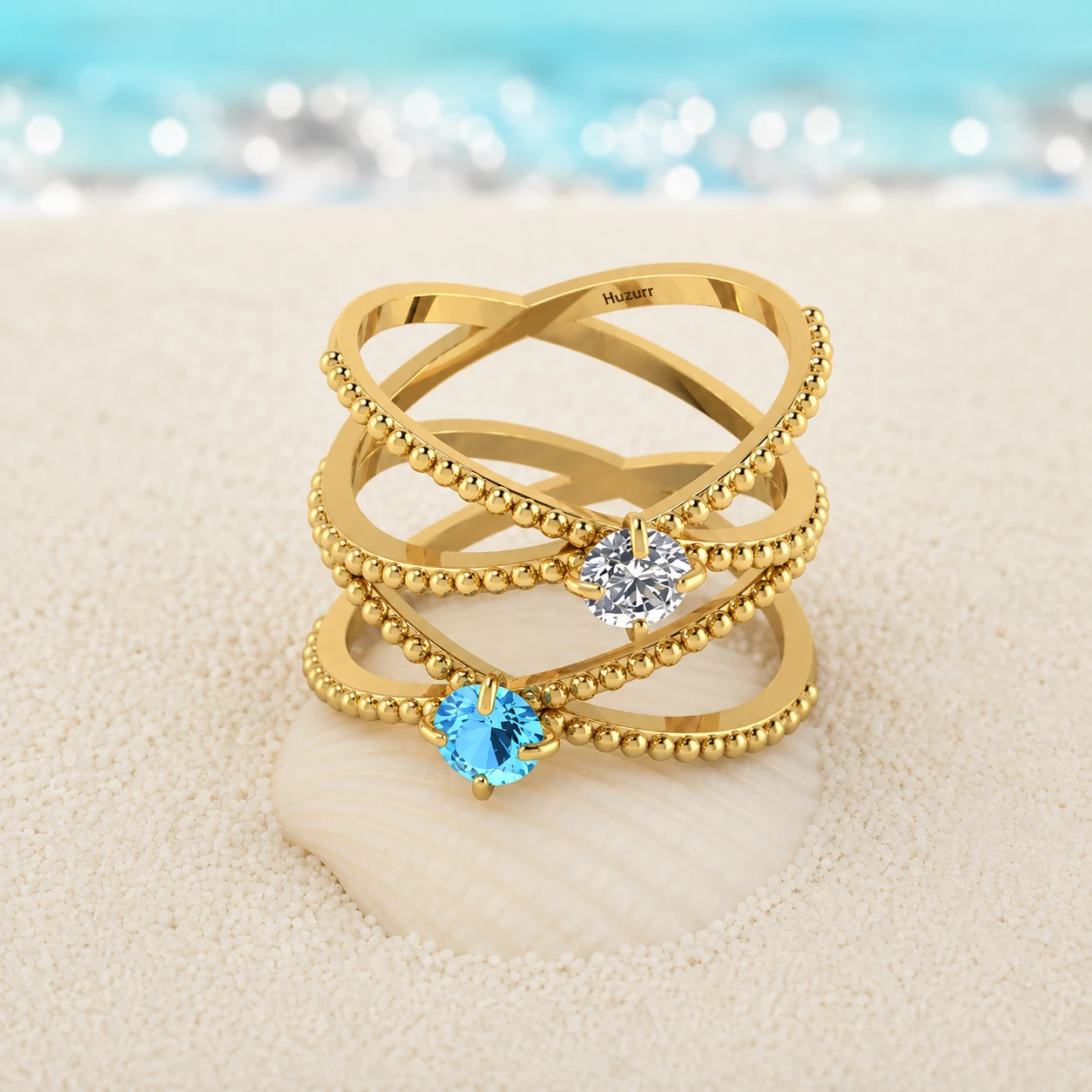 Round aquamarine and white diamond multi layer criss cross wide wrap ring with gold plated beaded milgrain textured