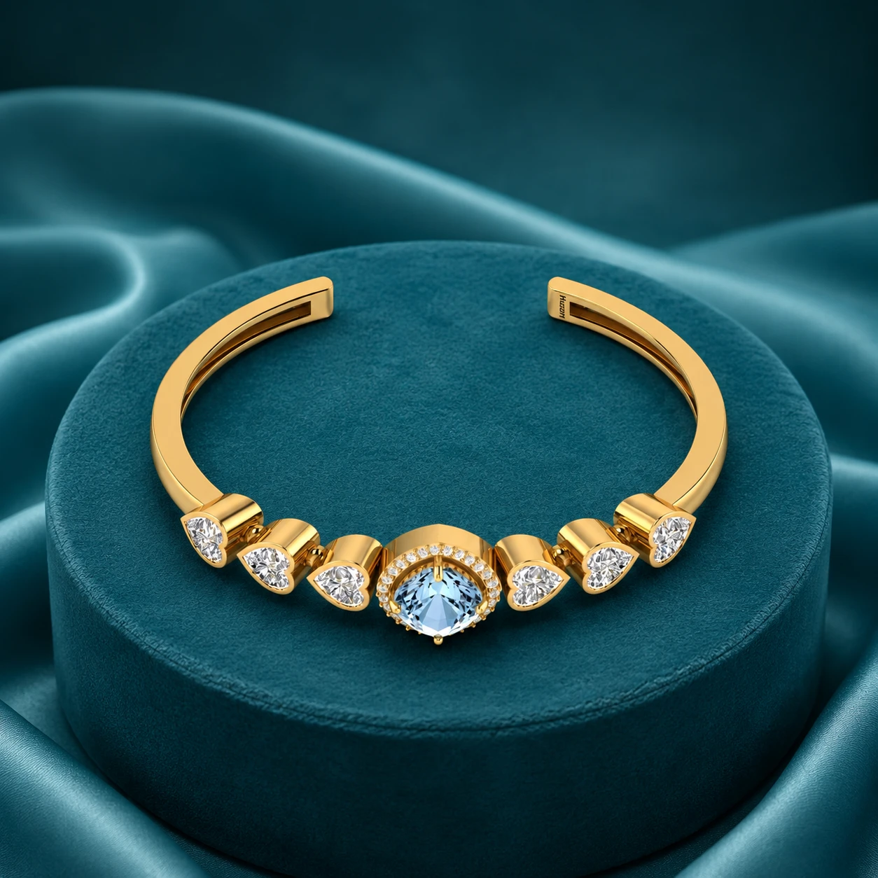 Cushion aquamarine and heart-cut diamond cuff bracelet set with gold plating