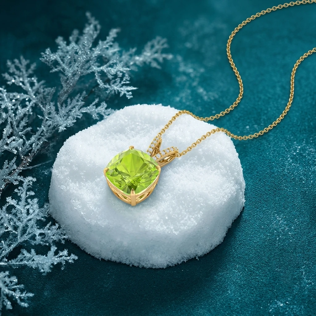 Cushion cut green peridot pendant necklace with diamond-lined V bale and festive sparkle
