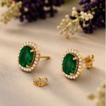 Gold Filled Cushion Emerald & Diamond Halo Stud Earrings
