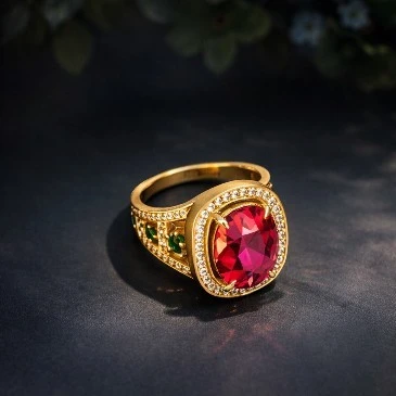 Cushion Ruby & Emerald Solitaire Ring