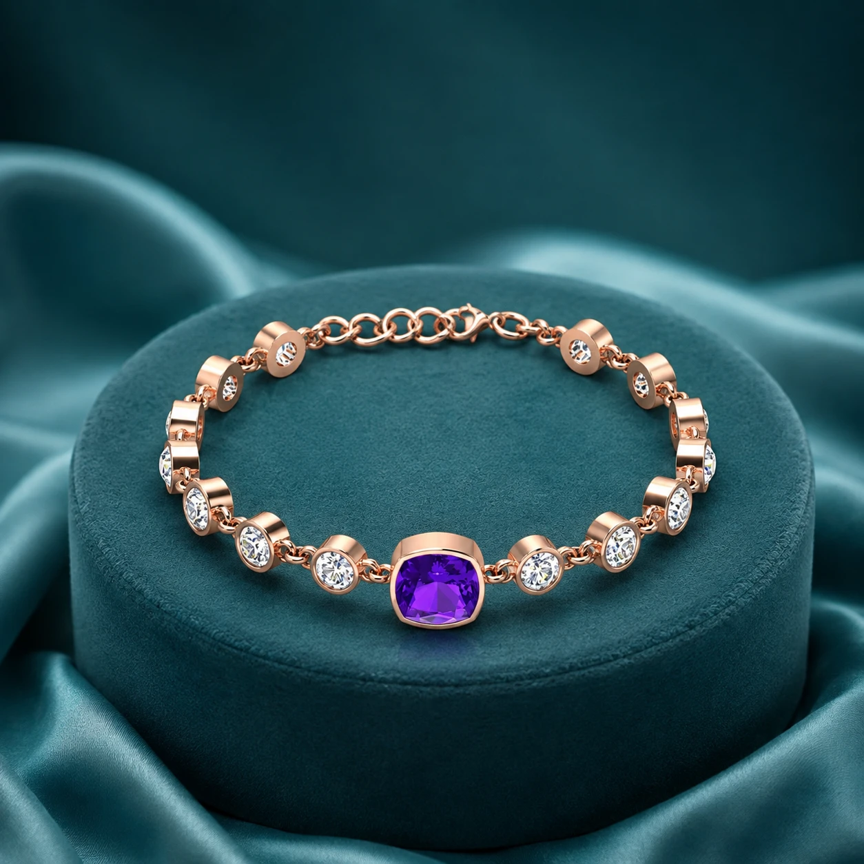 Cushion square amethyst and diamond yard chain rose gold plated bracelet