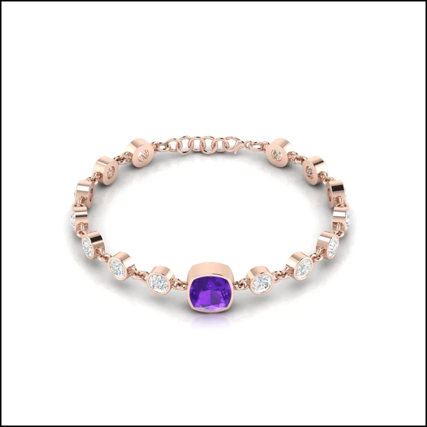 Cushion square cut purple amethyst gemstone centerpiece on a rose gold plated stations chain bracelet with bezel set round diamonds