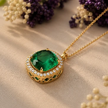 Cushion Square Halo Emerald Gold Plated Pendant