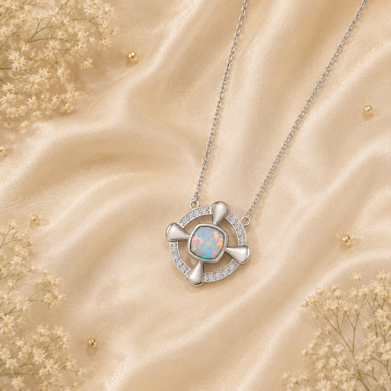 Cushion square cut white opal pendant necklace with small diamond stones in gold plating
