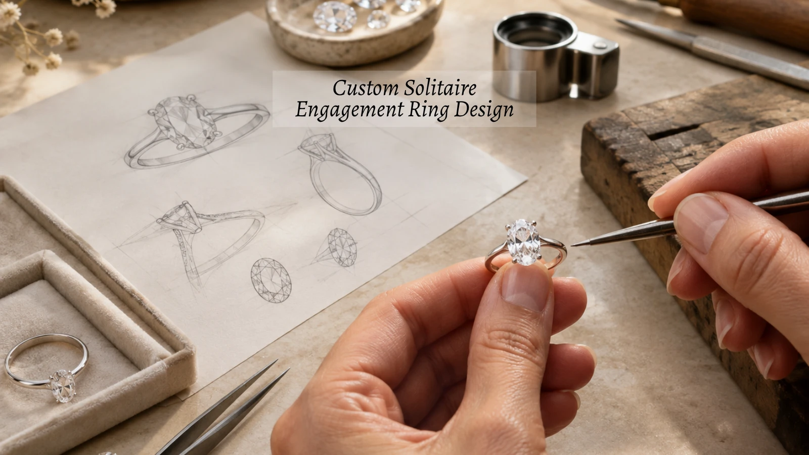 Jeweler designing a custom solitaire engagement ring in a jewelry studio