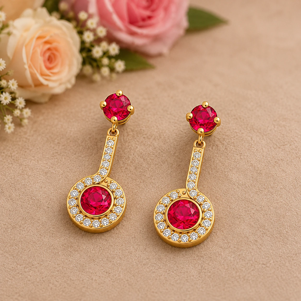 Gold Plated Halo Dangle & Drop Round Ruby Earrings