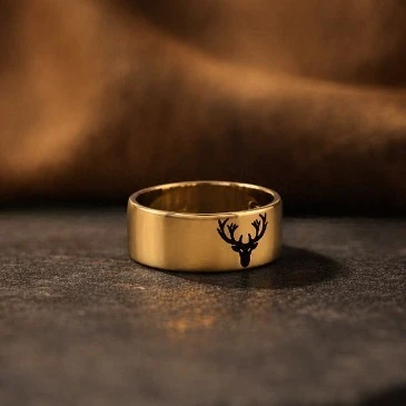 Gold Filled Black Enamel Deer Engraved Band Signet Ring