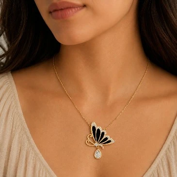 Diamond Gold Filled Black Enamel Butterfly Pendant