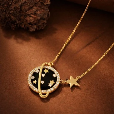 Diamond Black Enamel Star Saturn Pendant