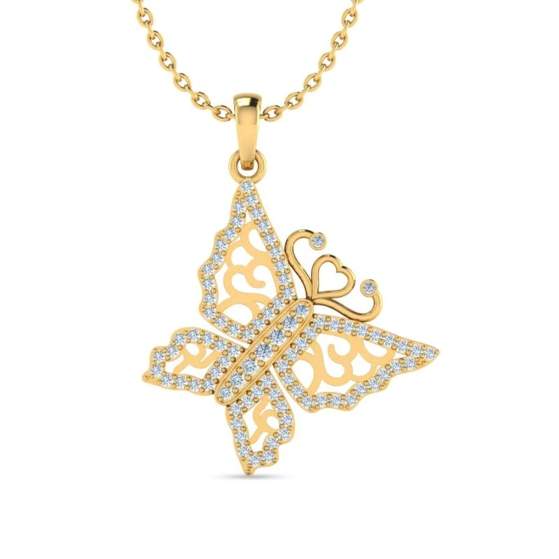 gold-plated filigree butterfly cocktail pendant necklace lined with sparkling clear diamond accents