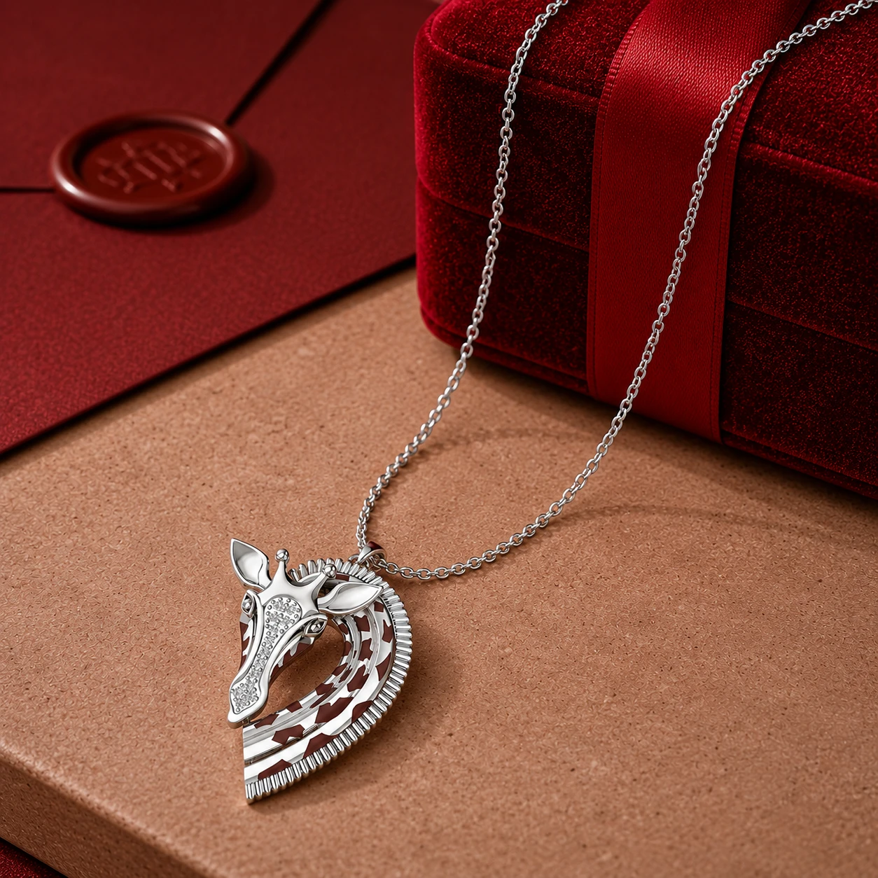 Pave diamond giraffe head necklace pendant in sterling silver with brown patterned enamel neck accents