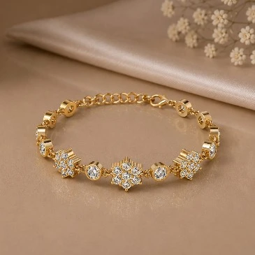 Gold Plated Diamond Halo Flower Chain Tennis Bracelet