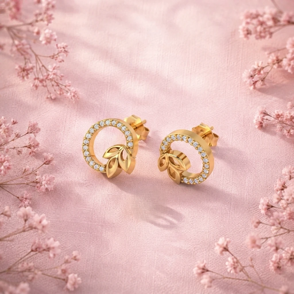 Round gold plated open circle leaf earrings with white diamond halo