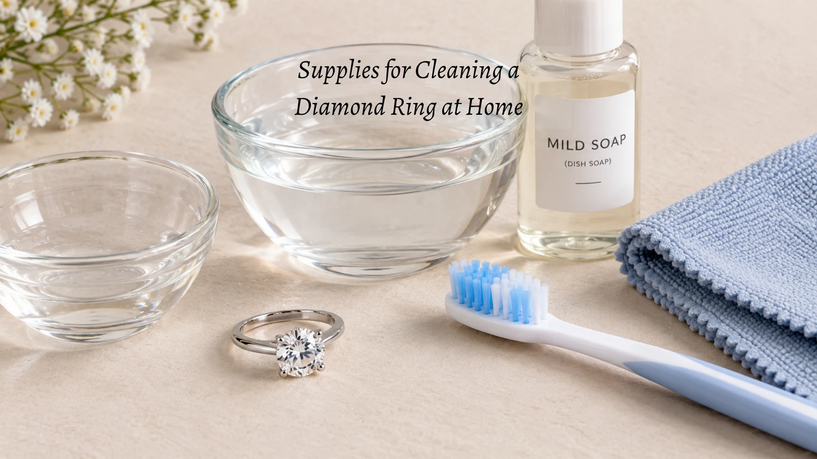 Supplies for cleaning a diamond ring at home