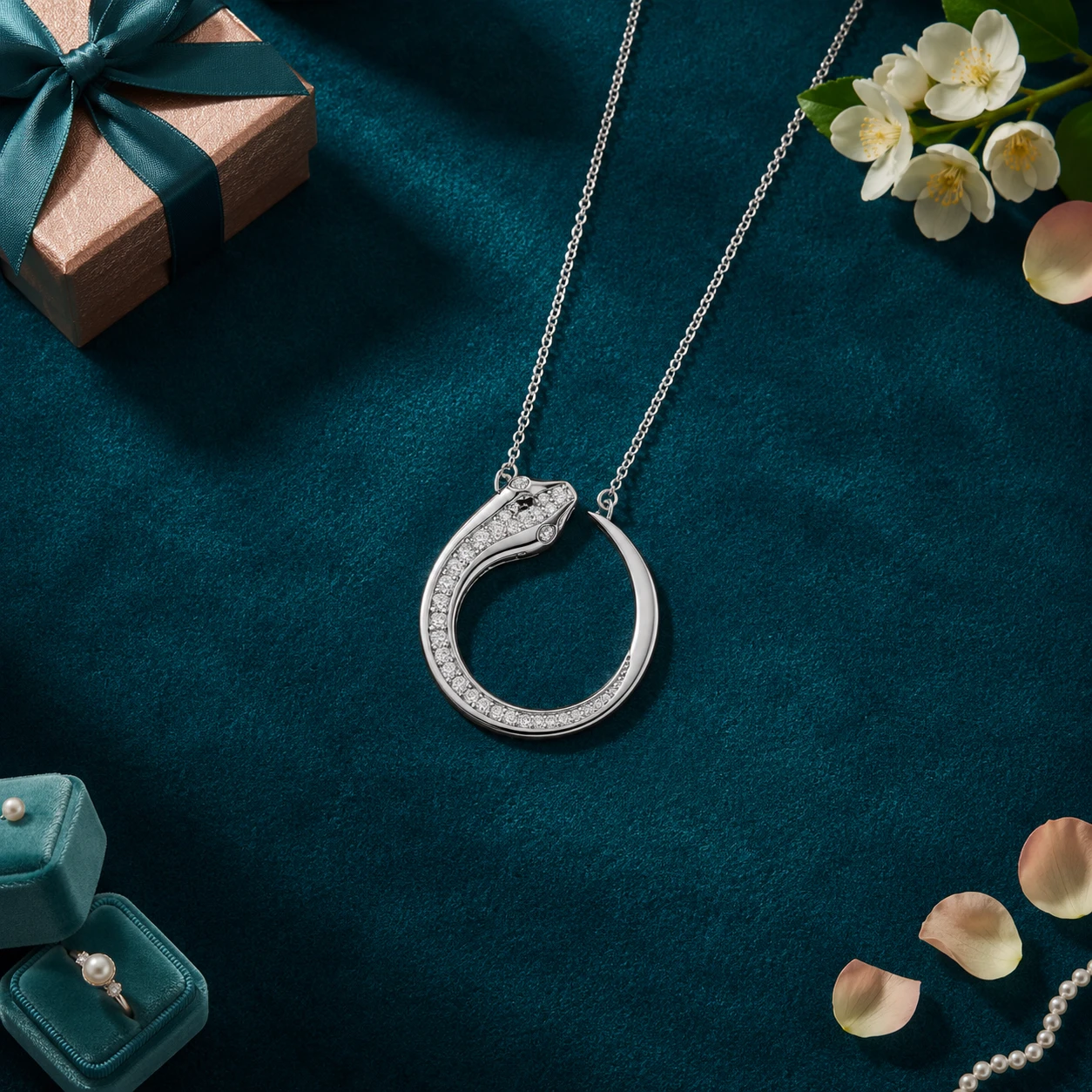 Diamond snake pendant crafted in sterling silver with a sleek finish