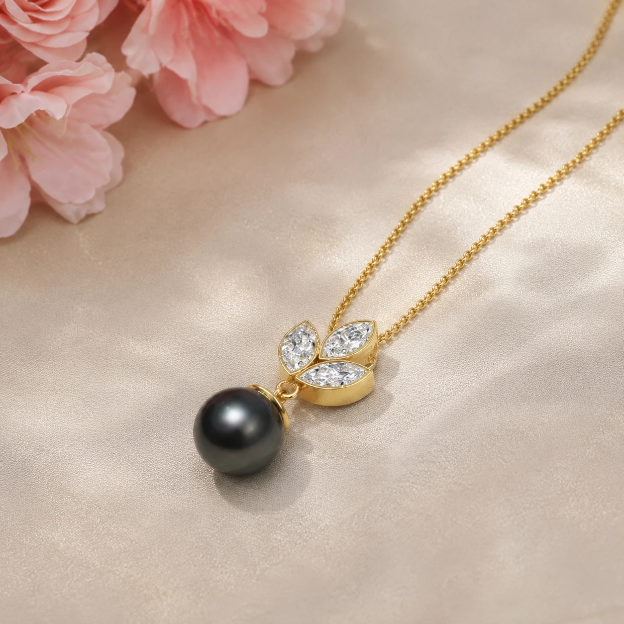 Marquise Diamonds And Black Pearl Drop Pendant
