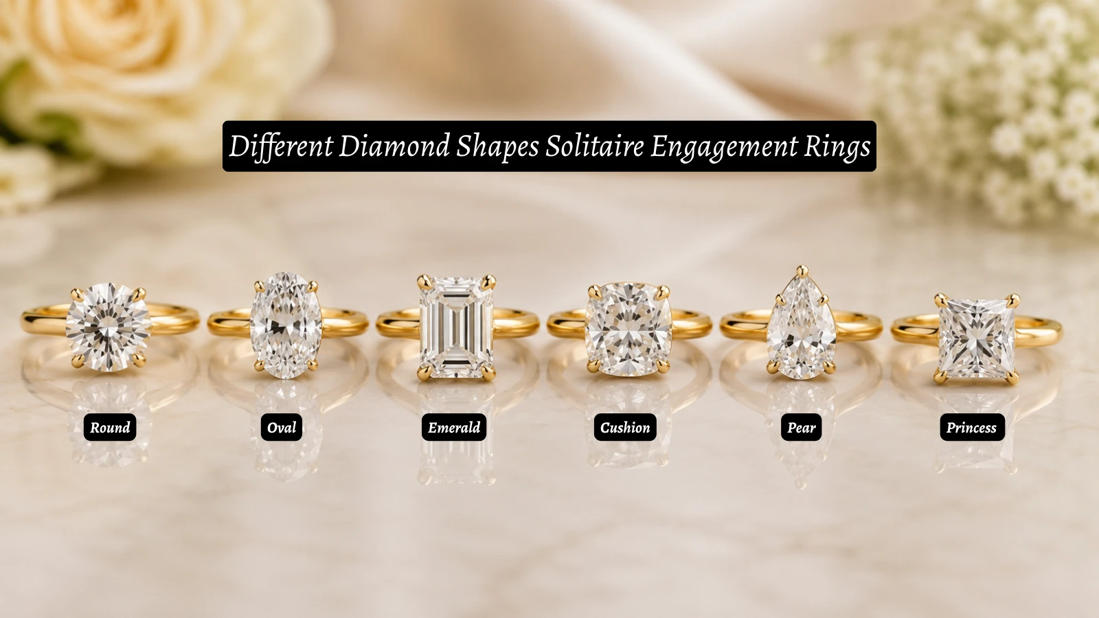 Solitaire engagement rings in different diamond shapes