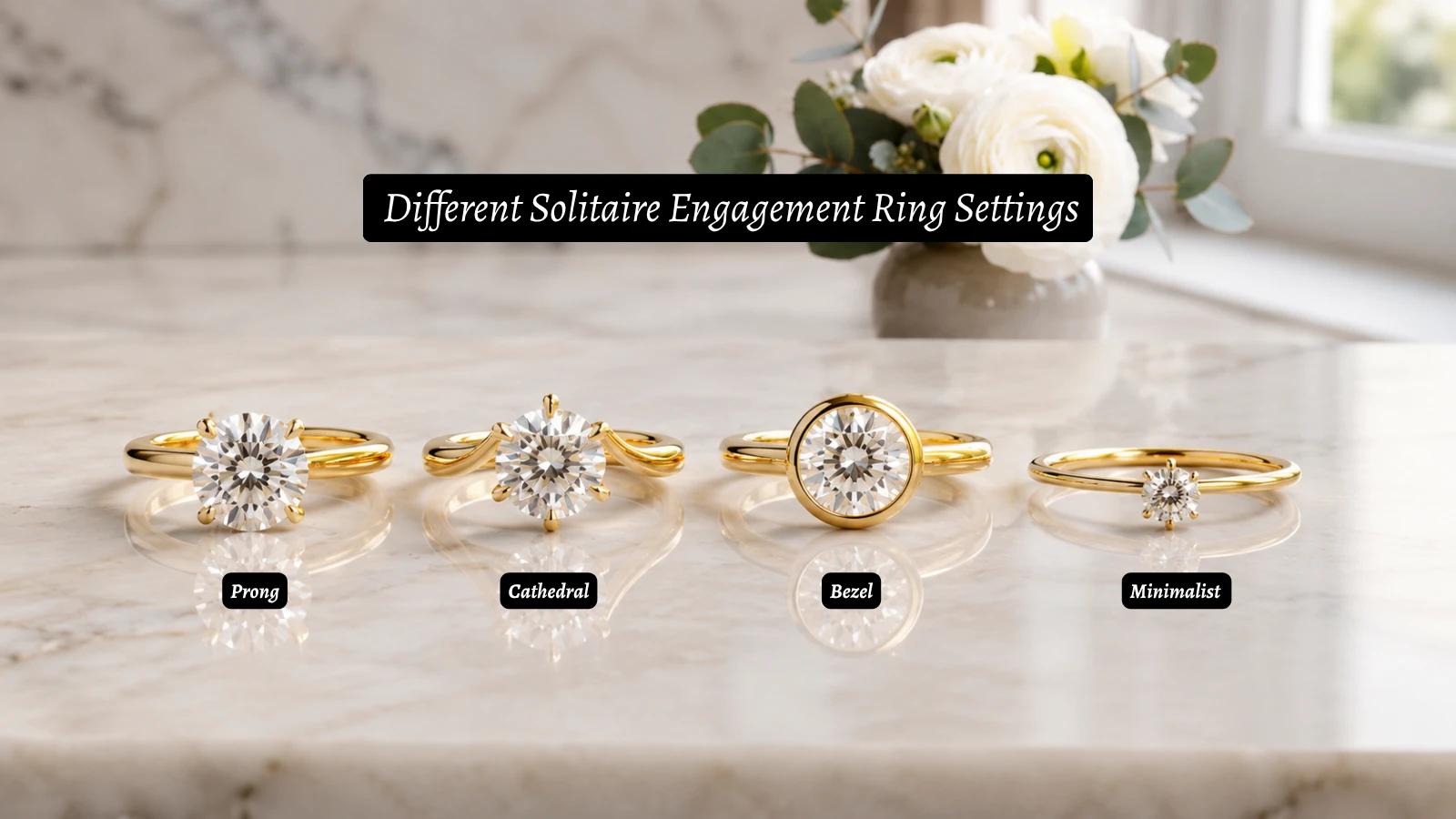 Different solitaire engagement ring settings