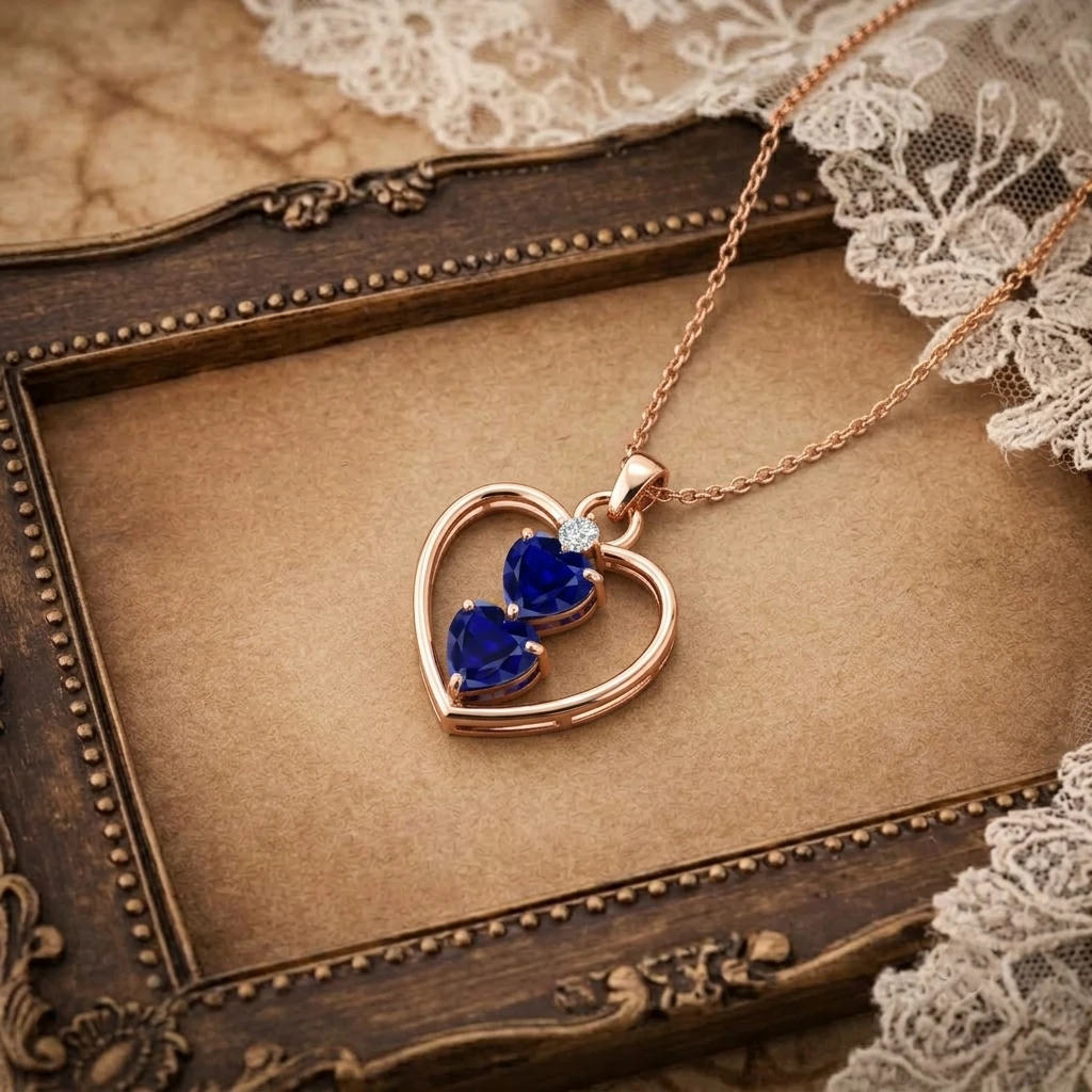 Rose gold plated open heart pendant necklace enclosing two stacked heart shaped blue sapphires and a round diamond