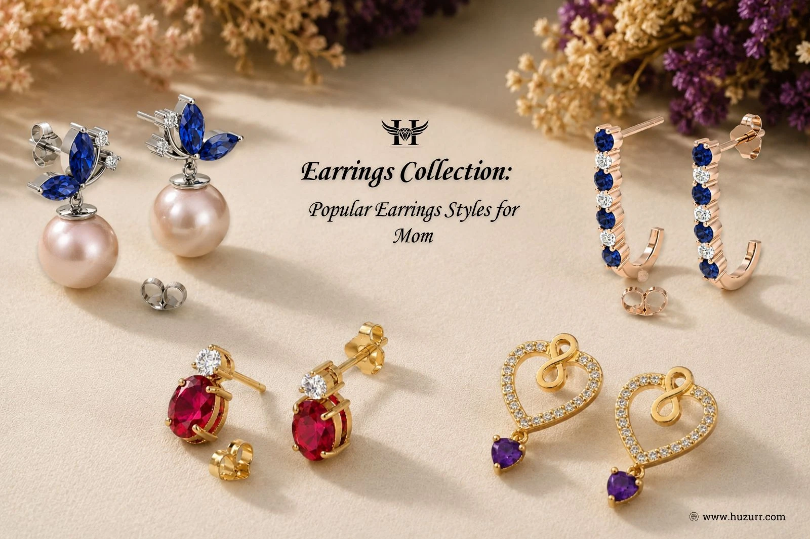 Pearl drop earrings, sapphire hoops, ruby stud earrings, and diamond heart dangles from the popular earrings collection for mom