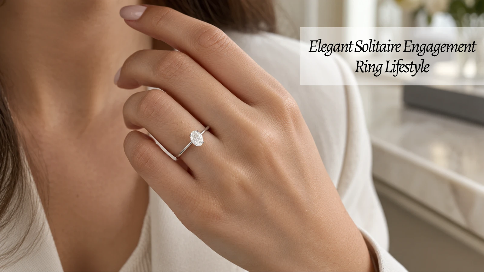 Elegant oval solitaire engagement ring worn in a sophisticated lifestyle setting