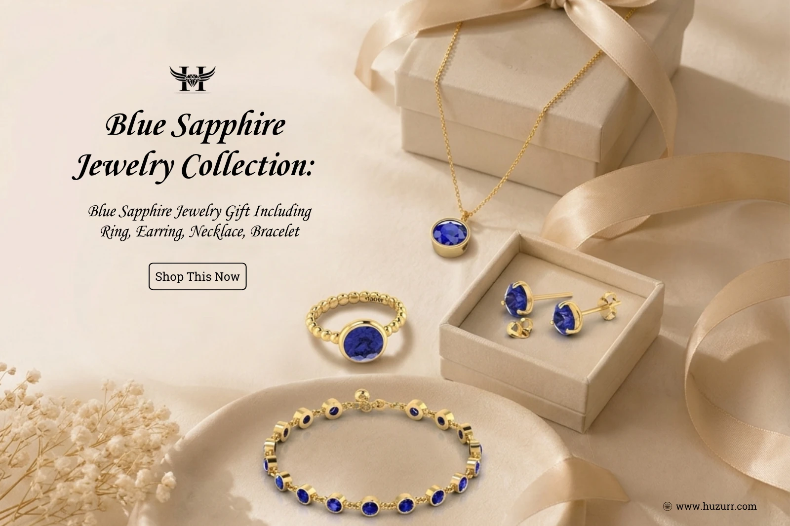 Collection of Elizabeth Huberdeau’s Birthstone blue sapphire fine jewelry including rings, necklaces, and earrings