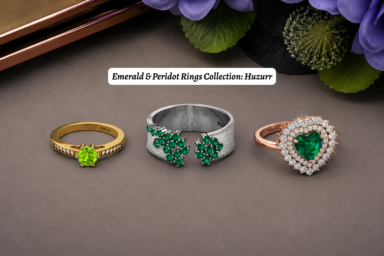 Huzurr emerald and peridot ring collection featuring green gemstone jewelry