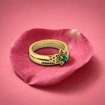 Flower Double Band Emerald & Black Diamond Stacking Ring