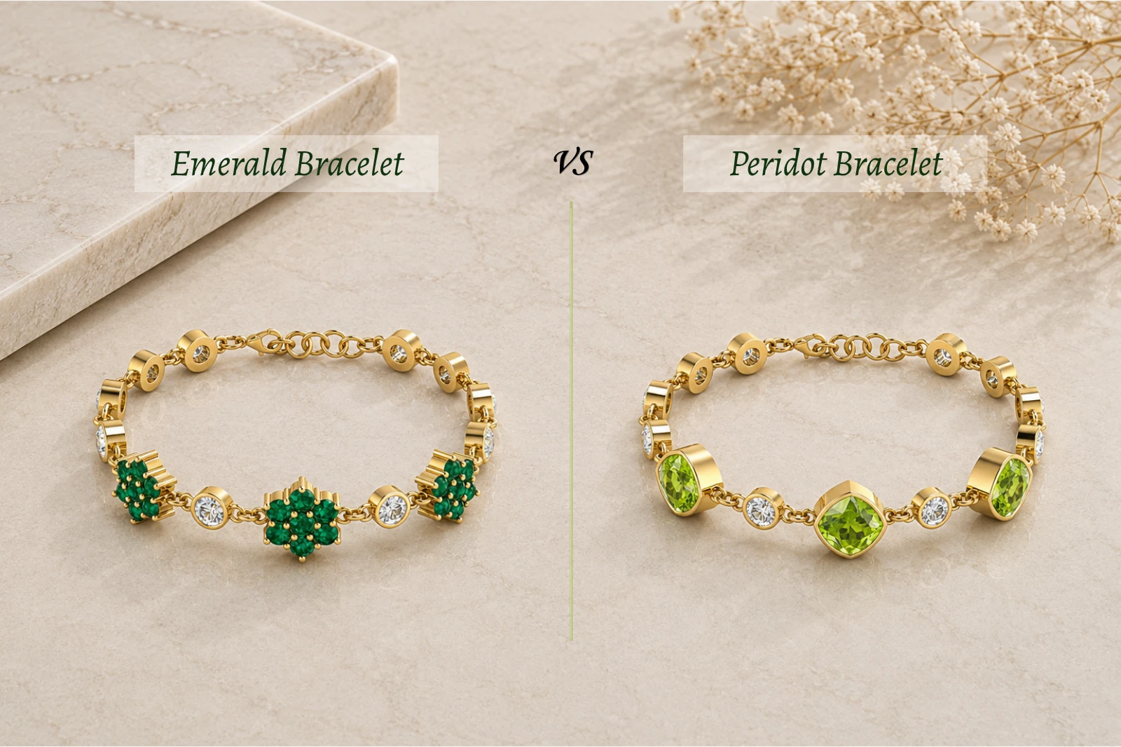 Side-by-side comparison of emerald and peridot bracelets with green gemstones