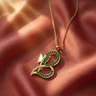 Emerald And White Enamel Gold Filled Butterfly Heart Necklace