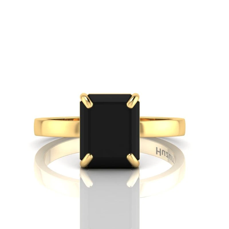 Emerald cut black diamond solitaire engagement ring in yellow gold prong setting