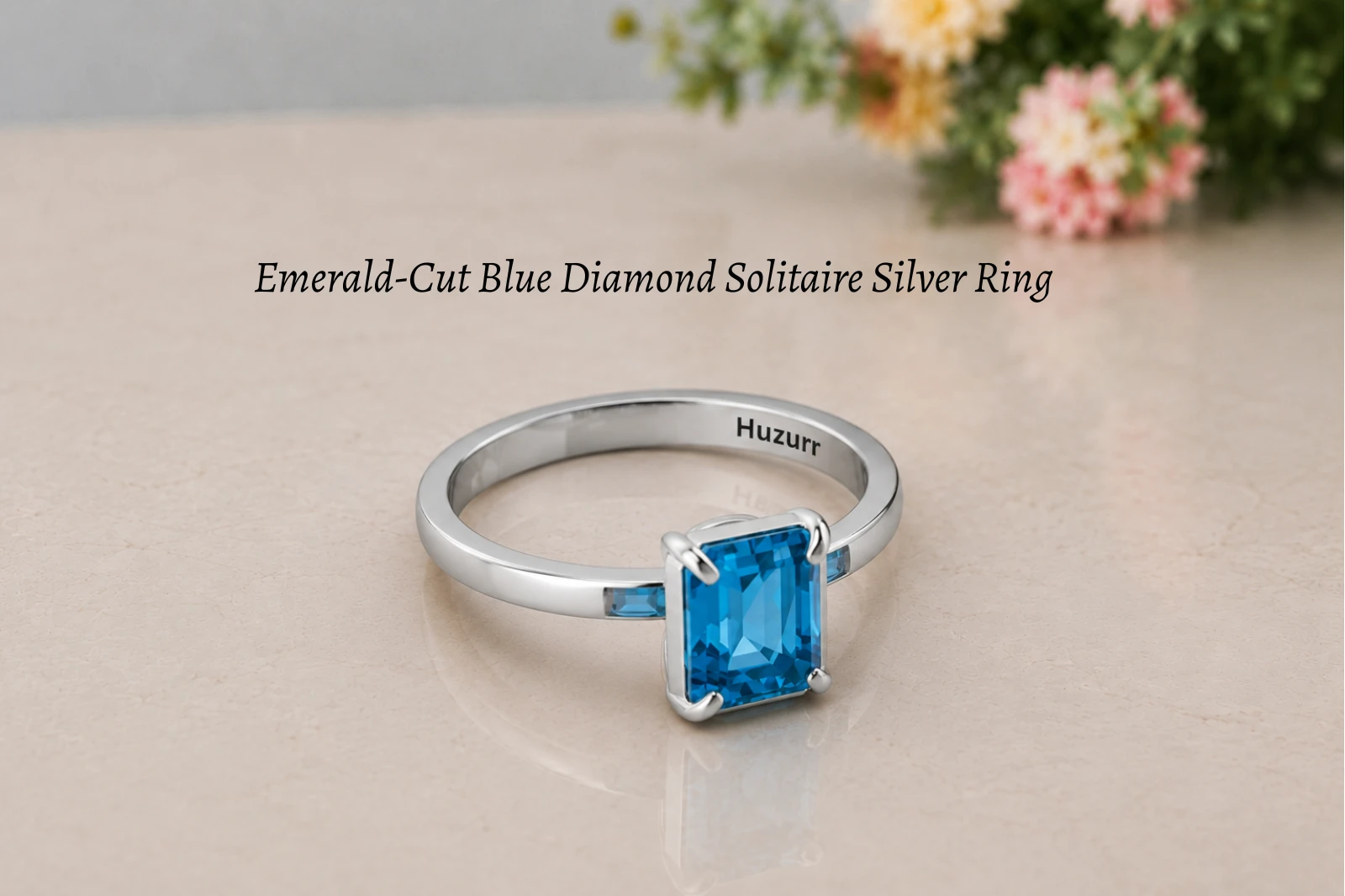 Emerald-cut blue diamond solitaire 925 silver ring