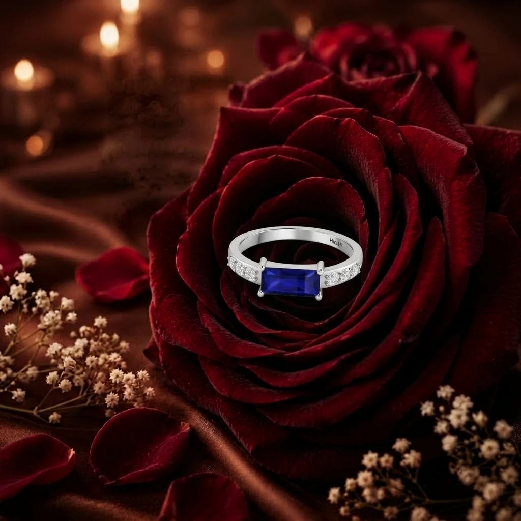 Emerald cut blue sapphire ring with round diamond side stones on a silver band