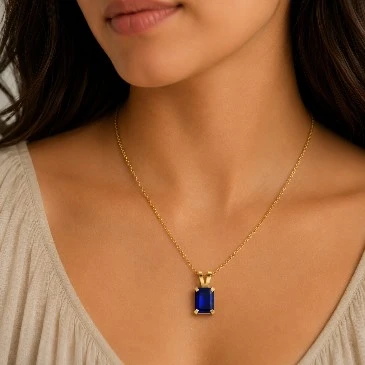 Emerald Cut Blue Sapphire Gold Plated Solitaire Pendant