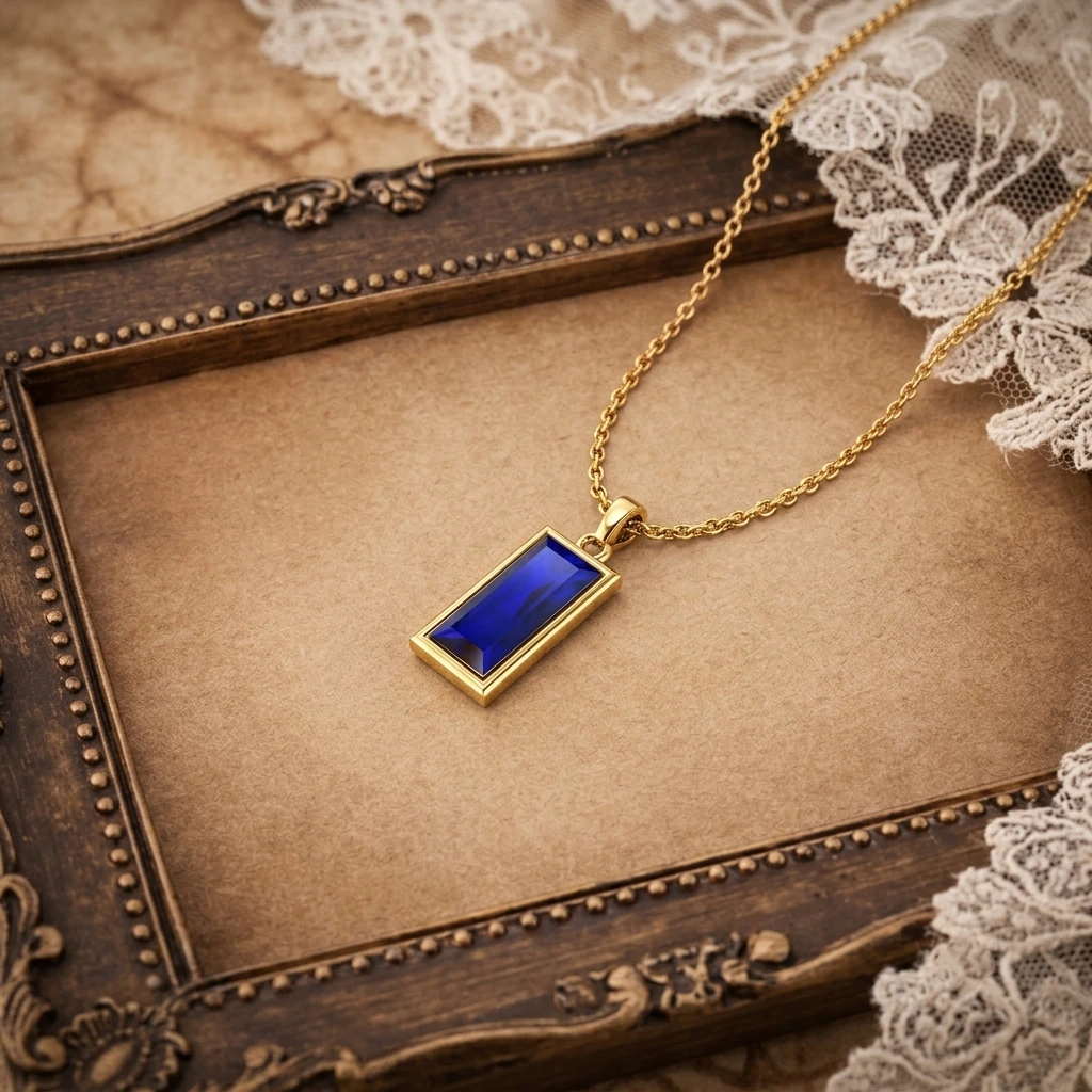 Bezel set emerald cut blue sapphire rectangular solitaire pendant plated in gold with cable chain.