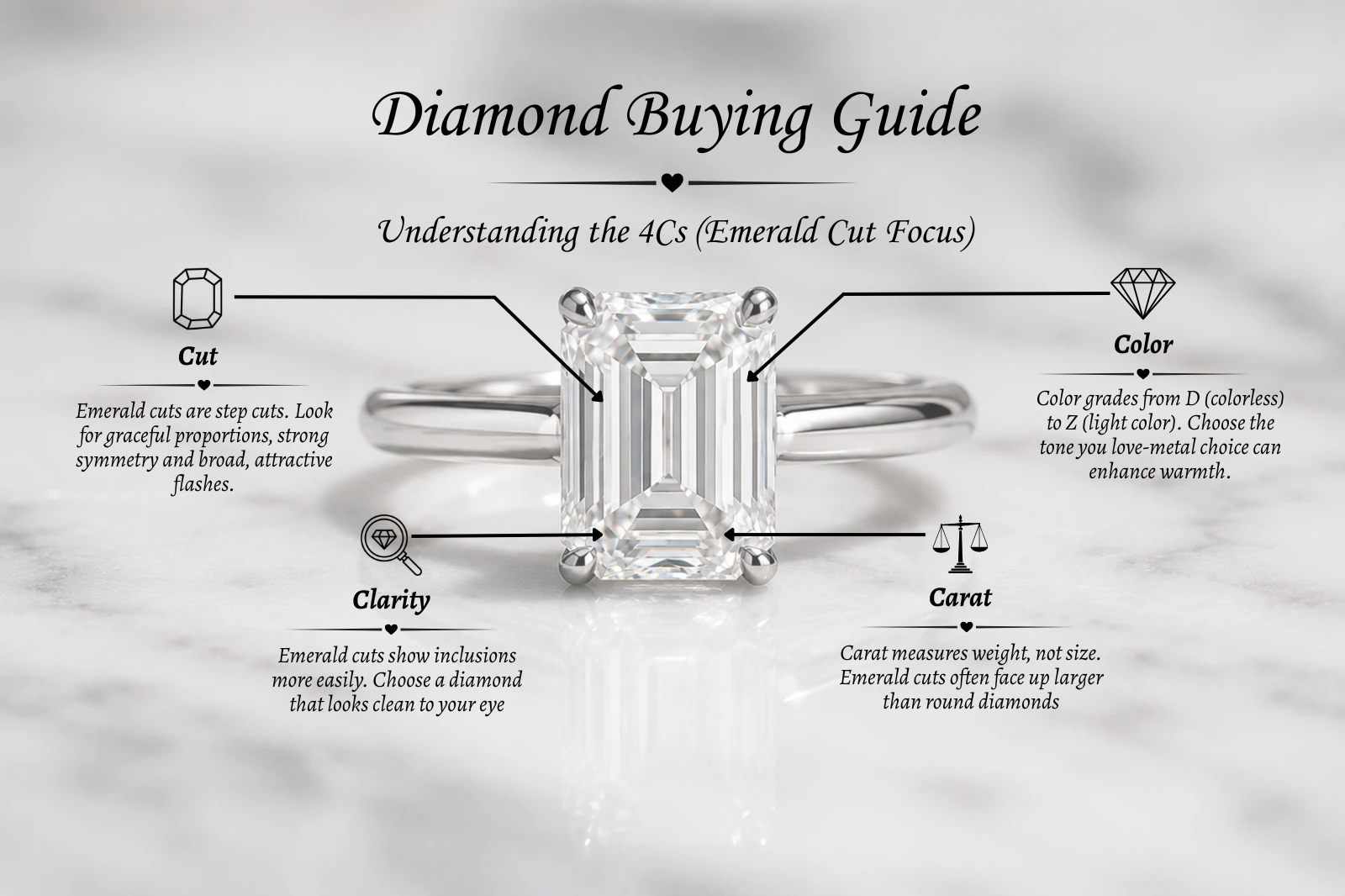 Diamond ring buying guide for emerald cut engagement rings explaining the 4Cs