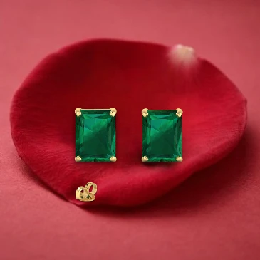 Emerald-Cut Emerald Solitaire Gold Filled Stud Earrings