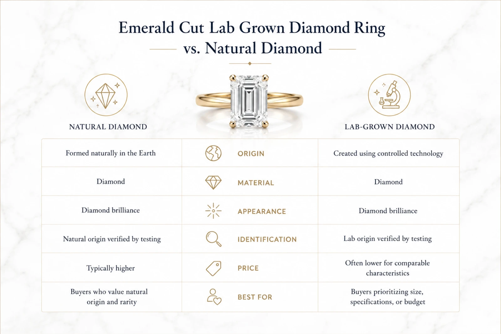 Emerald cut lab grown diamond ring compared with a natural emerald cut diamond
