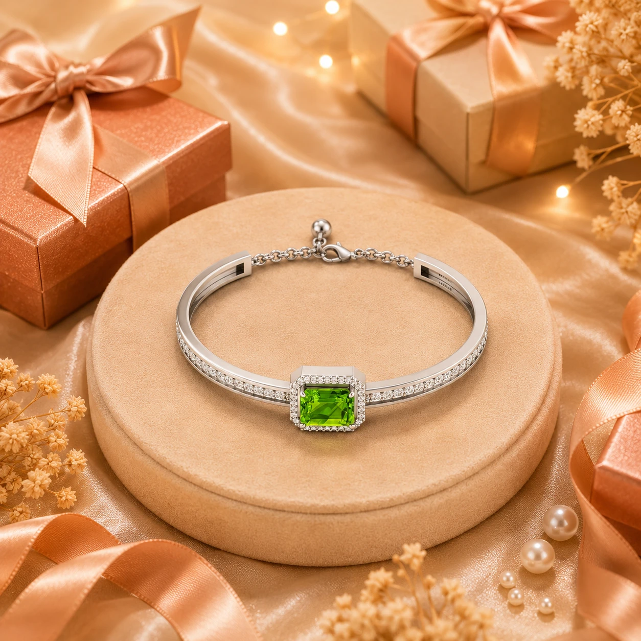 Minimalist summer travel chain bracelet featuring an emerald-cut peridot stone set in sterling silver.