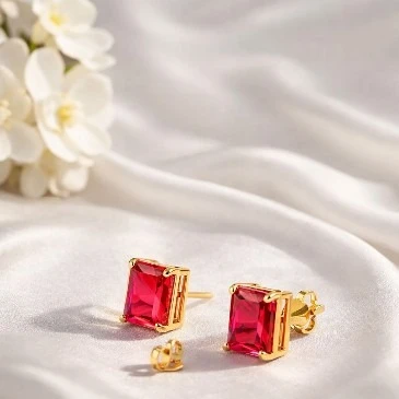 Emerald-Cut Ruby Solitaire Gold Filled Stud Earrings