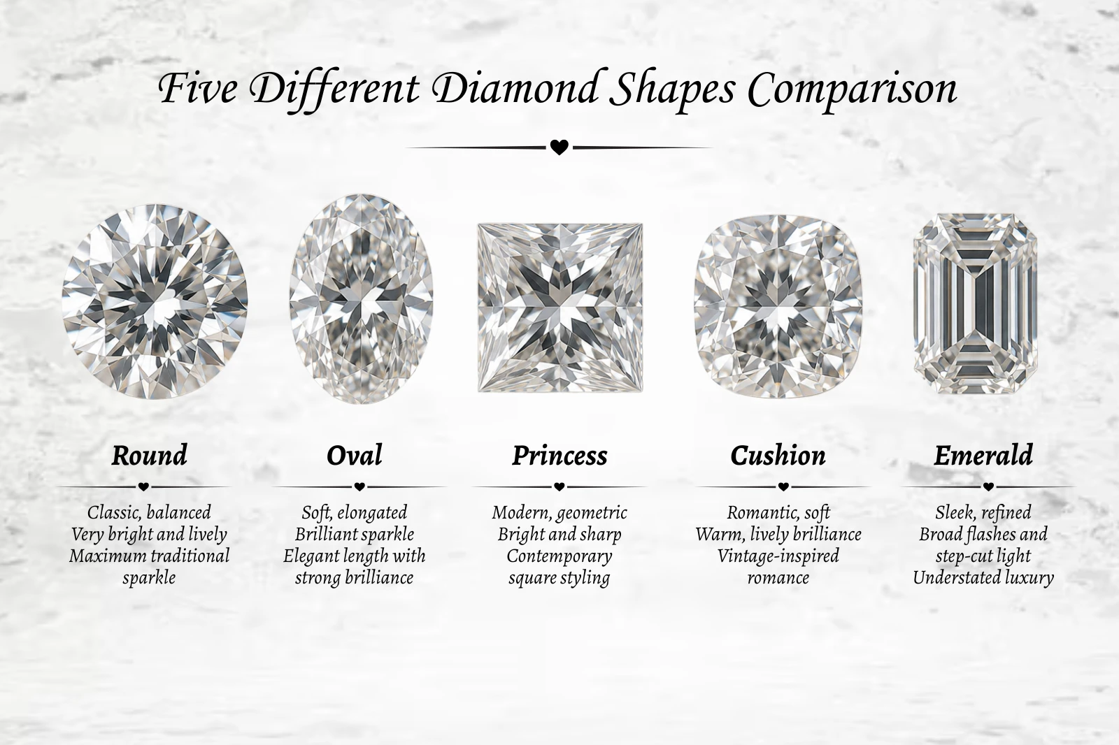 Emerald cut engagement ring compared with round oval princess and cushion diamonds