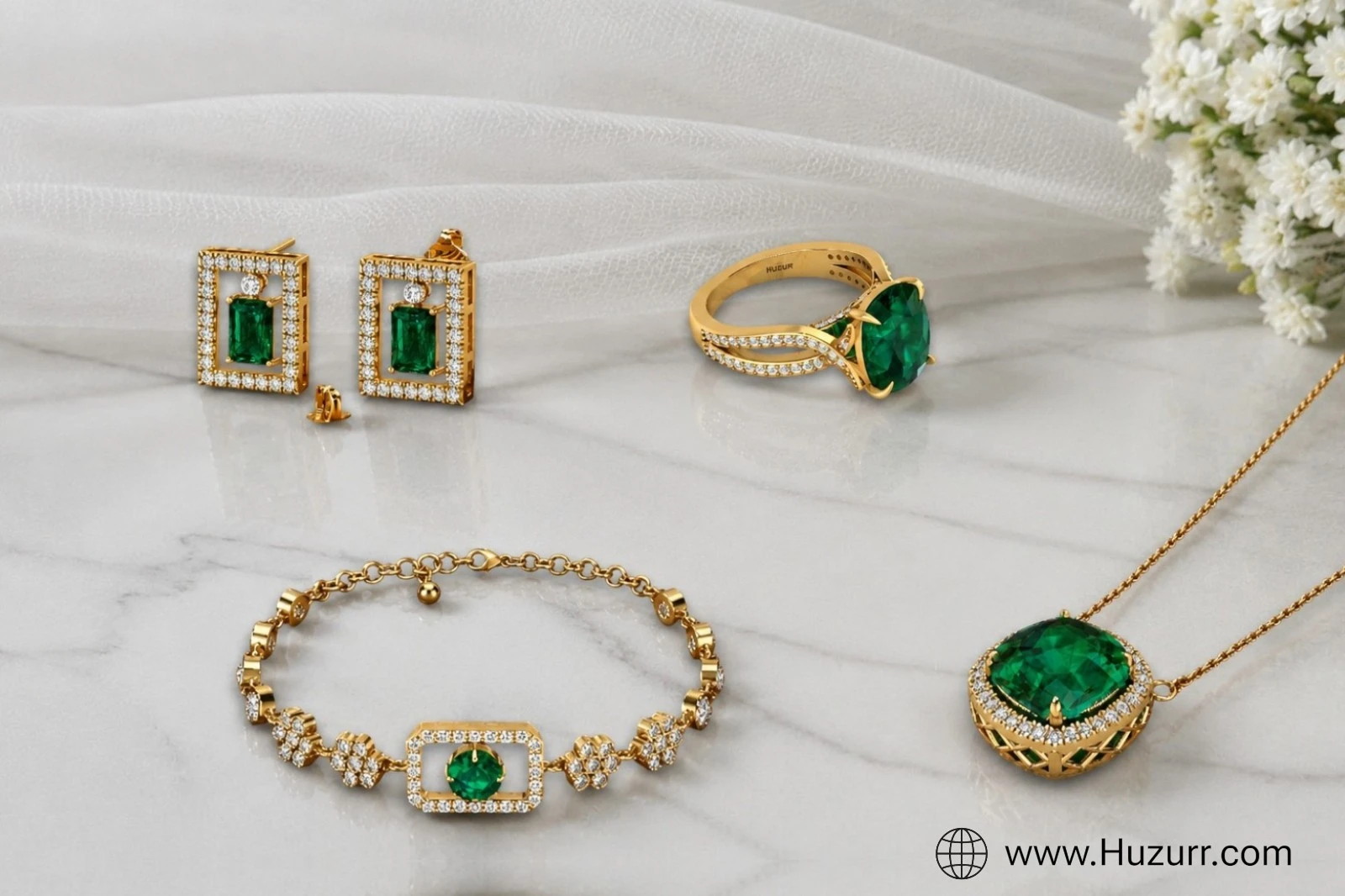 Affordable 2 Emerald and Diamond Jewelry set for women