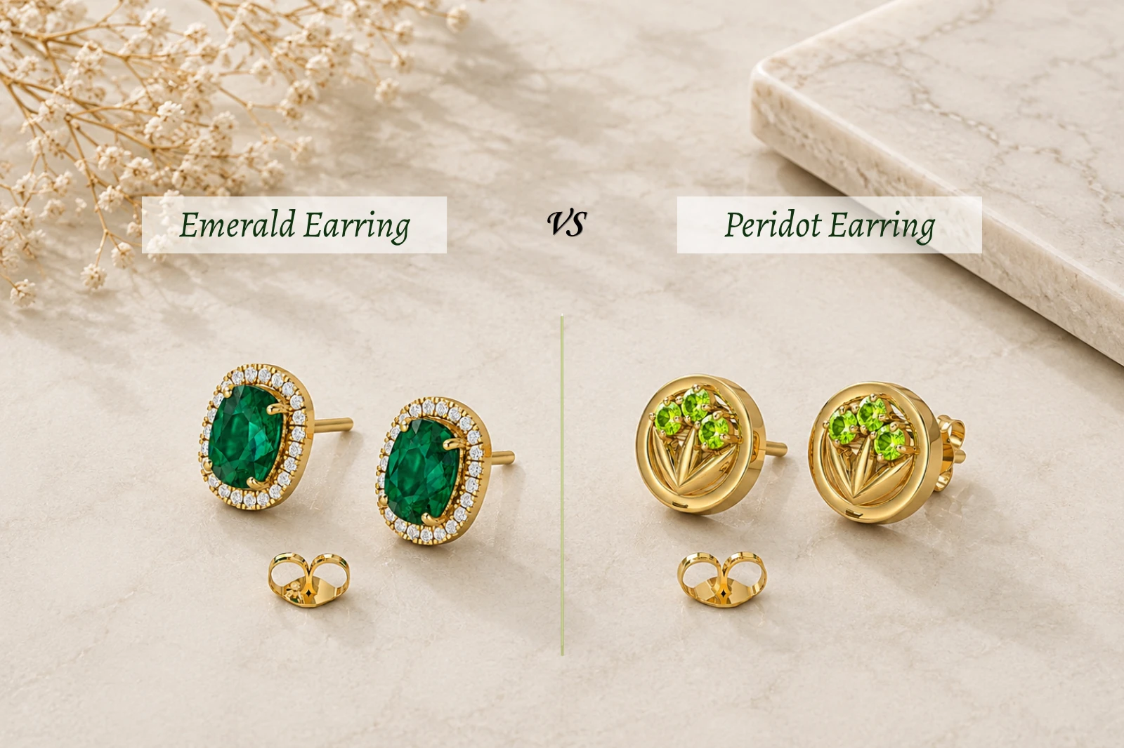 Side-by-side comparison of emerald and peridot earrings in green gemstones