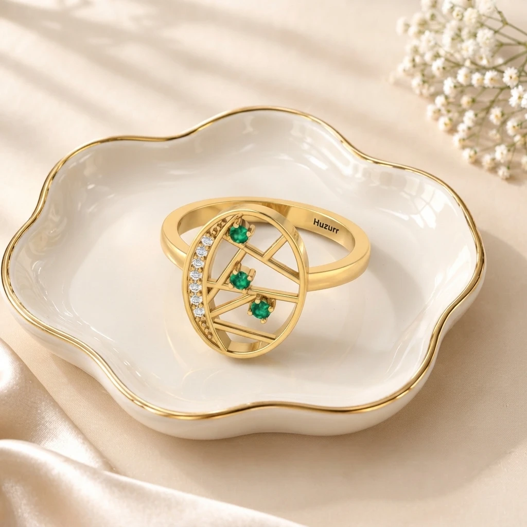 Modern gold-plated open ring adorned with three vibrant emerald stones in a contemporary design