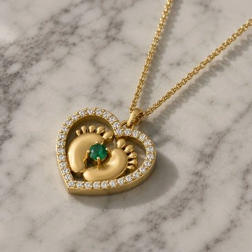 Gold Plated Emerald Heart Baby Feet Charm Pendant